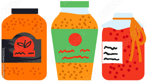 Jam, sauce or pickles jars set. Glass containers with fruit jelly, gelatin marmalade. Canned products, spicy sauces. Pickled, marinated vegetables in salty brine. Jars with green and blue substance