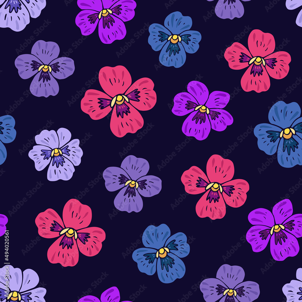 Fototapeta premium Seamless vector pattern of violets flowers. Background for greeting card, website, printing on fabric, gift wrap, postcard and wallpapers.