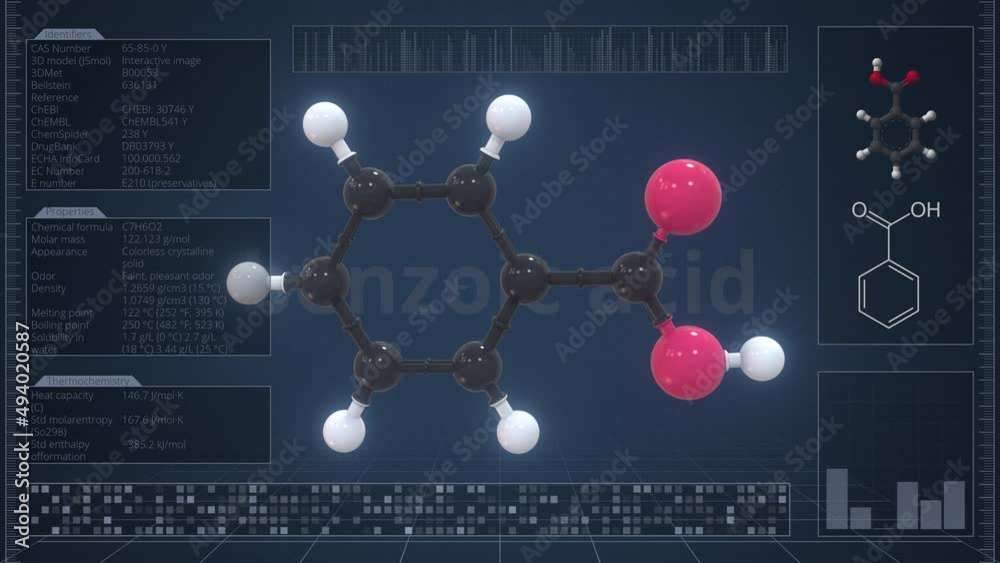 Benzoic acid molecule with description on the computer screen, loopable ...