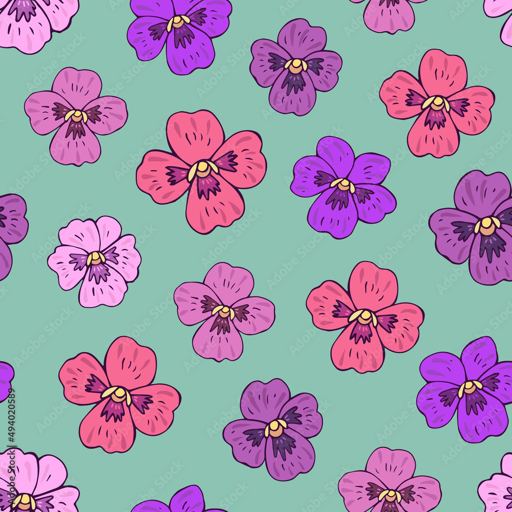 Seamless vector pattern of violets flowers. Background for greeting card, website, printing on fabric, gift wrap, postcard and wallpapers. Seamless vector pattern of violets flowers. Background for greeting card, website, printing on fabric, gift wrap, postcard and wallpapers.
