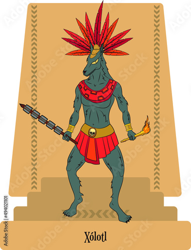 vector illustration of gods of aztec mythology, xolotl