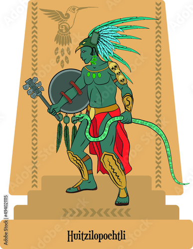 vector illustration of gods of aztec mythology,  huitzilopochtli photo