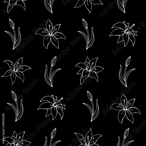 Seamless vector pattern of lilies. Background for greeting card, website, printing on fabric, gift wrap, postcard and wallpapers. 