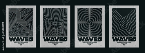 Collection of modern abstract posters with optical waves. In techno style, psychedelic design, prints for T-shirts and hoodies. Isolated on black background
