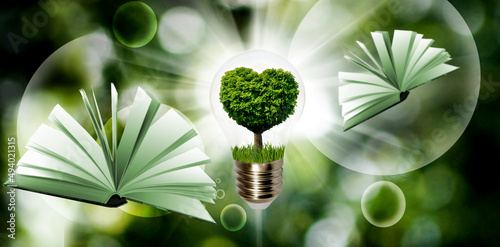 Open books on an abstract green background. A stylized image of a tree inside a light bulb. Crown of a tree in the shape of a heart.