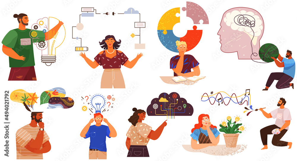 Mindset types set structural, analytical, logical and creative artistic personality predisposition, people with different thinking concept. Mind behavior, mental perceiving, psychological concept
