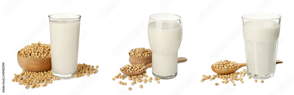 Set with natural soy milk and beans on white background. Banner design Set with natural soy milk and beans on white background. Banner design