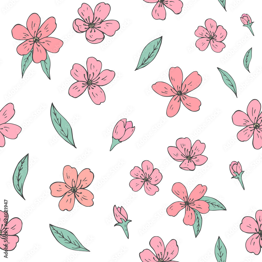 Seamless vector pattern of sakura flowers. Decoration print for wrapping, wallpaper, fabric, textile. Spring background. Seamless vector pattern of sakura flowers. Decoration print for wrapping, wallpaper, fabric, textile. Spring background.