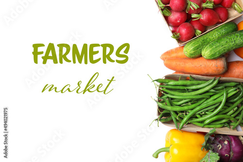 Assortment of fresh vegetables on white background, top view. Farmers market