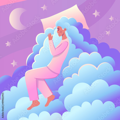 Girl sleeping in the clouds.Сoncept of healthy sleep, easy awakening. Vector illustration