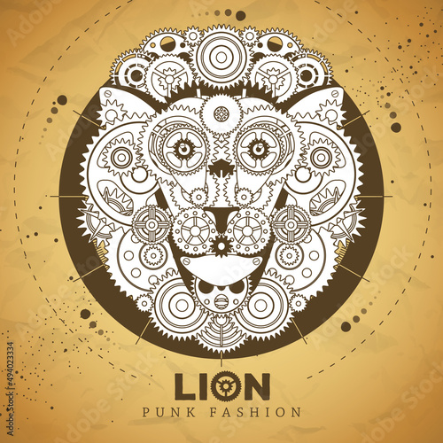 Lion face silhouette with gears on old paper texture background. Punk style. Vector illustration photo