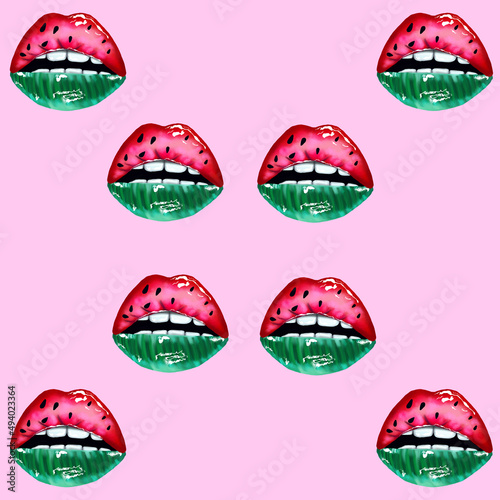 Watermelon juicy lips mouth print on pink background.
