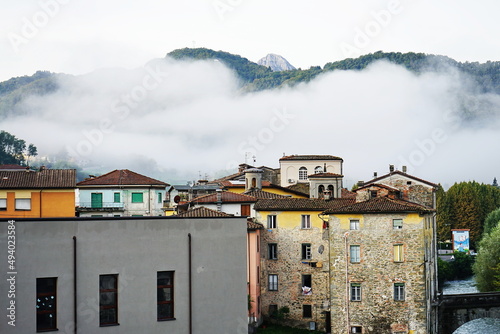 View of Castelnuovo Garfagnana with fog, Tuscany, Italy