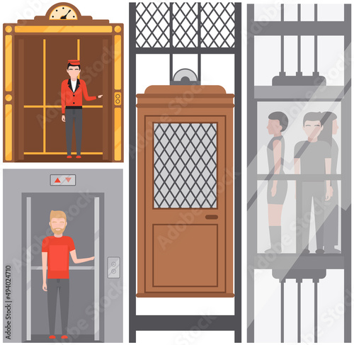 Hotel lift cabine, retro and modern elevators with passengers set. Single cabins with lifting mechanism. Elevator for transporting people. Mechanical hoist, passenger transport vector illustration