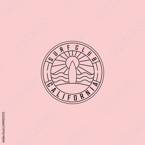surf club line icon logo vector symbol illustration design, surfboard california minimal vector design