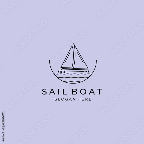 sail boat logo line minimalist vector design with wave logo and emblem
