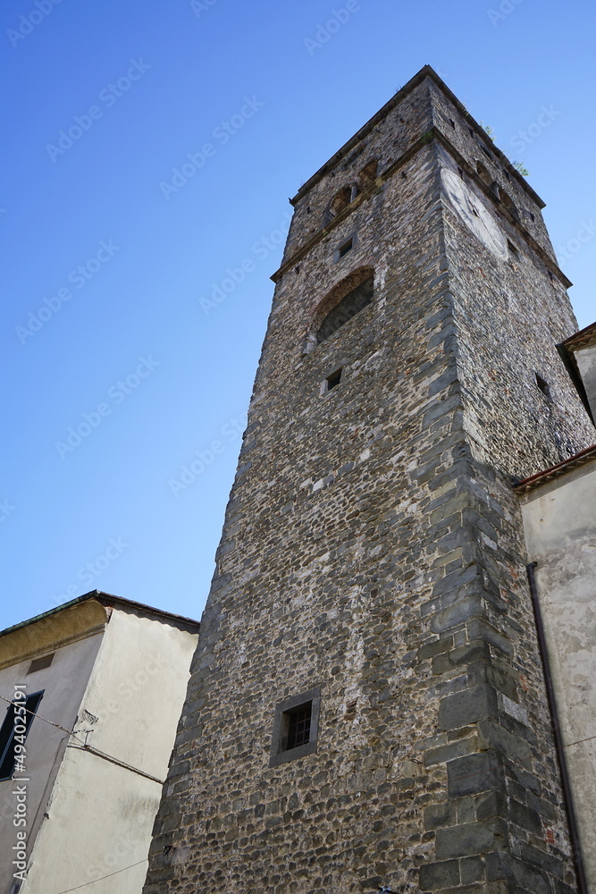 Bell tower of the church of San Jacopo in Borgo a Mozzano in Garfagnana, Tuscany, Italy