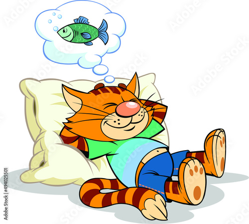Vector illustration of a cat dreaming of a fish