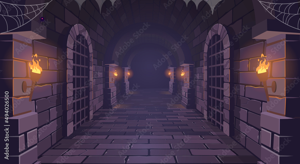 Dungeon. Long medieval castle corridor with torches. Interior of ancient Palace with stone arch. Vector illustration. - obrazy, fototapety, plakaty 