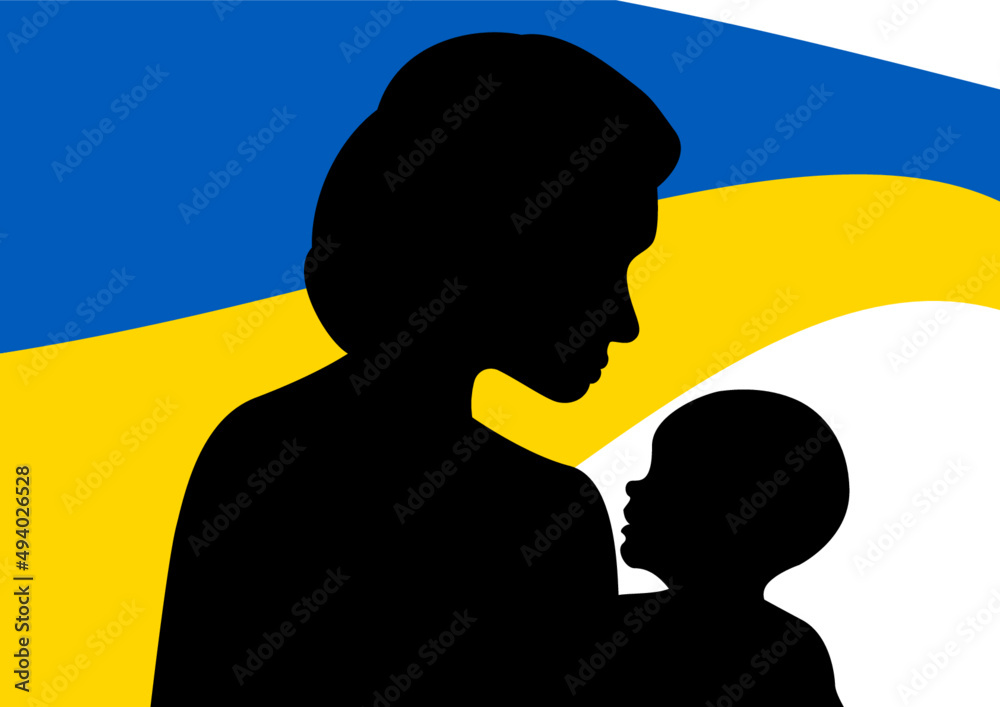 Matka trzymająca dziecko na tle flagi Ukrainy. Kobieta przytulająca noworodka. Chrońmy dzieci przed wojną. Modlitwa o pokój w Ukrainie. - obrazy, fototapety, plakaty 