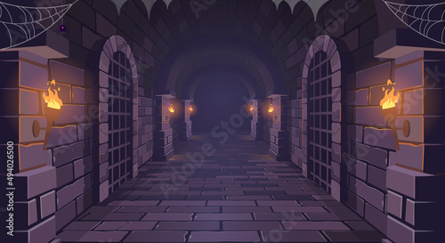 Dungeon. Long medieval castle corridor with torches. Interior of ancient Palace with stone arch. Vector illustration. photo