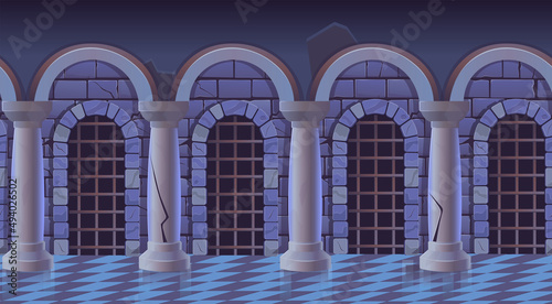 Arcade with columns with stone wall and marble floor. Stone arch vector illustration. Greek antique pillars isolated on white.