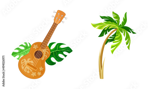 Tropical resort objects set. Acoustic guitar and palm tree cartoon vector illustration