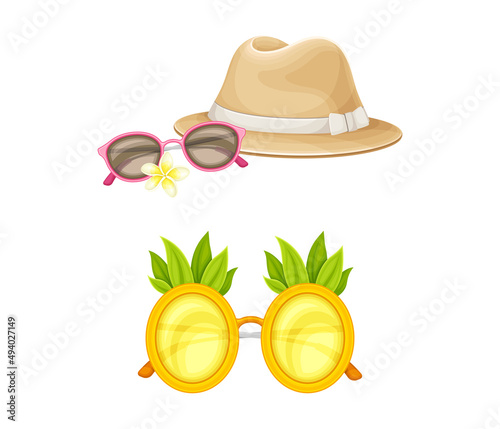 Tropical resort objects set. Sunglasses and straw hat cartoon vector illustration