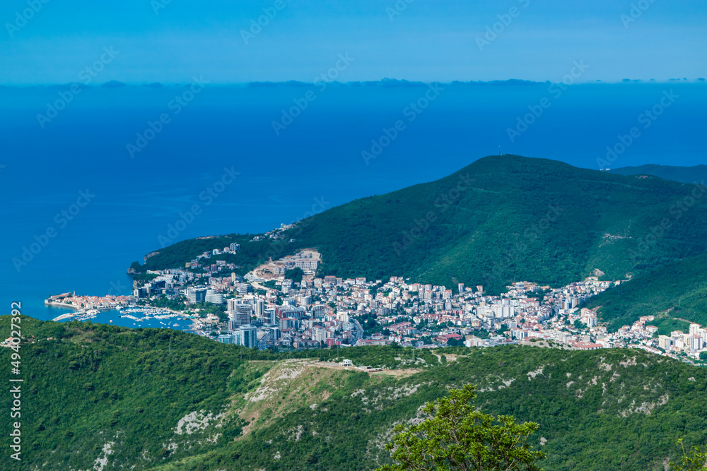 View from the top on the Budva city. Budva Riviera on the Adriatic Sea in Montenegro.