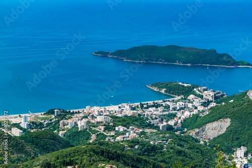 View from the top on the Becici city. Budva Riviera on the Adriatic Sea in Montenegro
