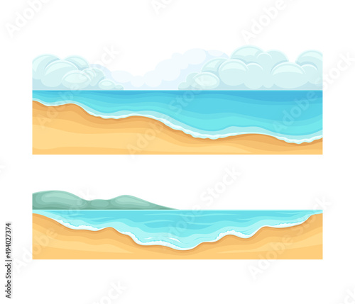 Tropical beach landscape set. Sandy shore, blue water and sky cartoon vector illustration