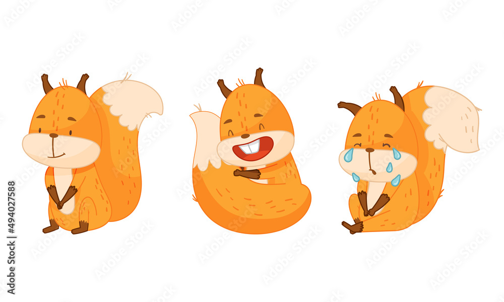 Cute red squirrel in different actions set. Funny emotional little forest animal cartoon vector illustration Cute red squirrel in different actions set. Funny emotional little forest animal cartoon vector illustration