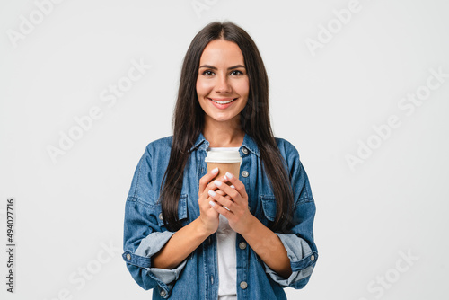 Canvastavla Happy cheerful young with toothy white smile caucasian woman girl in denim shirt