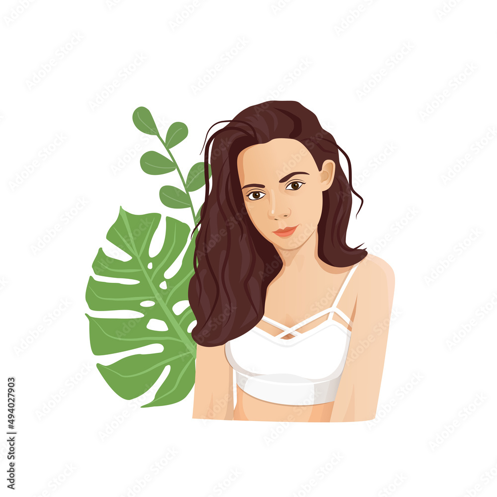 Brunette girl in a white top on a background of exotic leaves. illustration of a girl. Character design concept. Illustration of a girl for advertising, banner, template, flyer, postcard. Brunette girl in a white top on a background of exotic leaves. illustration of a girl. Character design concept. Illustration of a girl for advertising, banner, template, flyer, postcard.