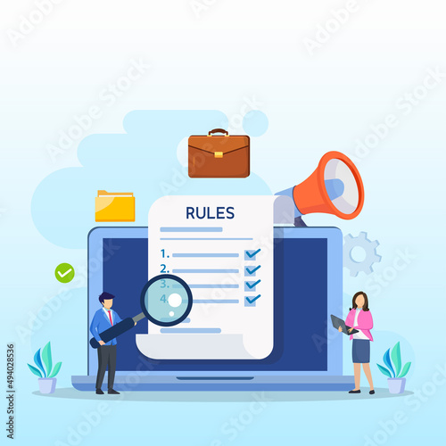 Business people studying list of rules, reading guidance, making checklist Vector illustration. 