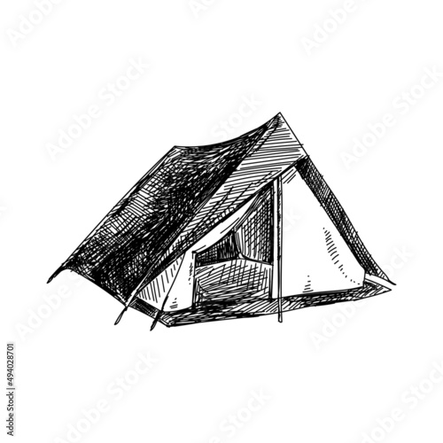 Camping tent, retro black and white hand drawn illustration.