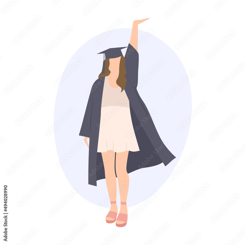 A young woman in an academic gown and an academic cap. Student silhouette, graduation. Vector