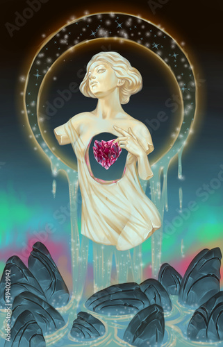 Fantasy women scolpture, girl with a beautiful body, hope, freedom, life, contrast concept, imagination, fantasy artwork, nature. Illustration, painting, digital art. photo