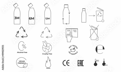 Cosmetic package icons set for recycle plastic product. Vector stock illustration isolated on white background. Editable stroke.