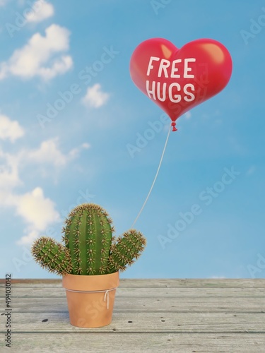 cactus balloon and red heart shaped balloon free hugs in the sky 3D-illustration