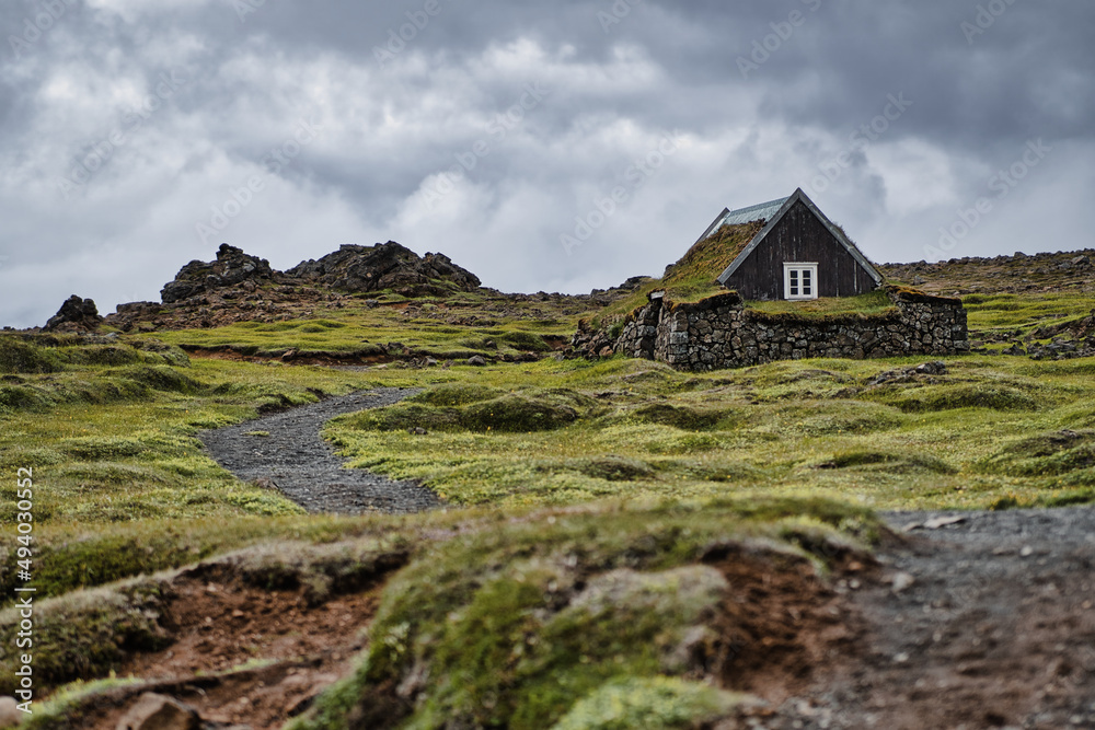 Icelandic traditional turf house at Hveravellir