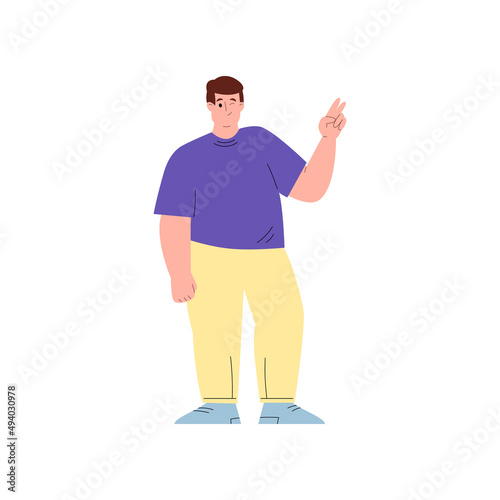 Cheerful chubby man showing victory gesture flat vector illustration isolated.