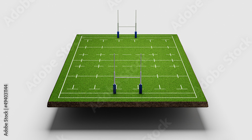 3D illustration of American football field ground cross section with green rugby stadium grass field