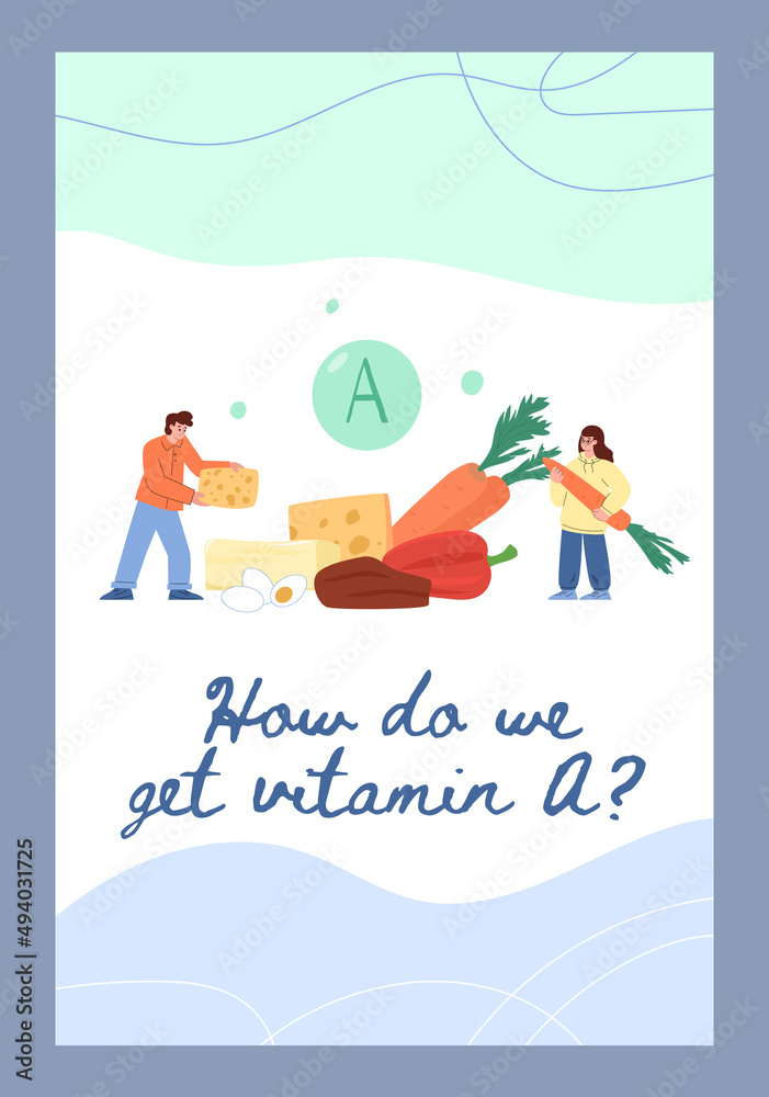 Vitamin A food sources informational poster with abstract characters, flat vector illustration.
