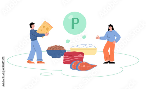 People with products enriched with vitamin P, flat vector illustration isolated.