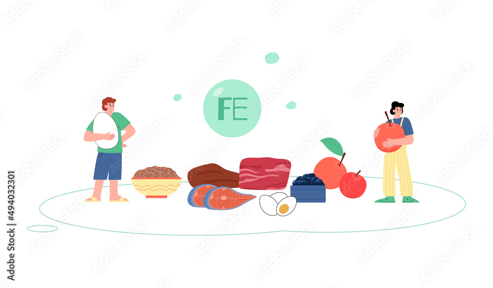 People with food with Ferrum or Iron elements flat vector illustration isolated.