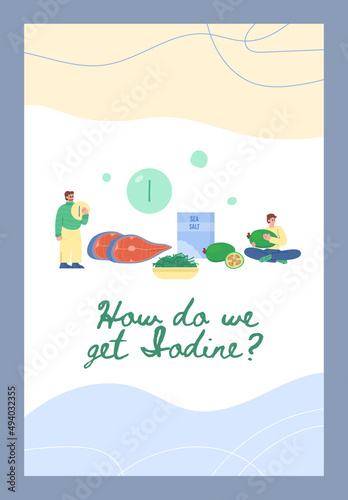 Banner or card with food sources of iodine, cartoon flat vector illustration.