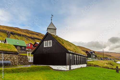 View of the Kollafjordur Church, Kirkja on Streymoy island, Faroe Islands.