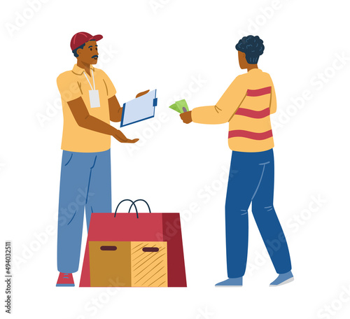 Courier hands buyer goods purchased online flat vector illustration isolated.