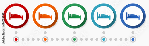 Sleep, bed, hotel concept vector icon set, flat design colorful buttons, infographic template in 5 color options